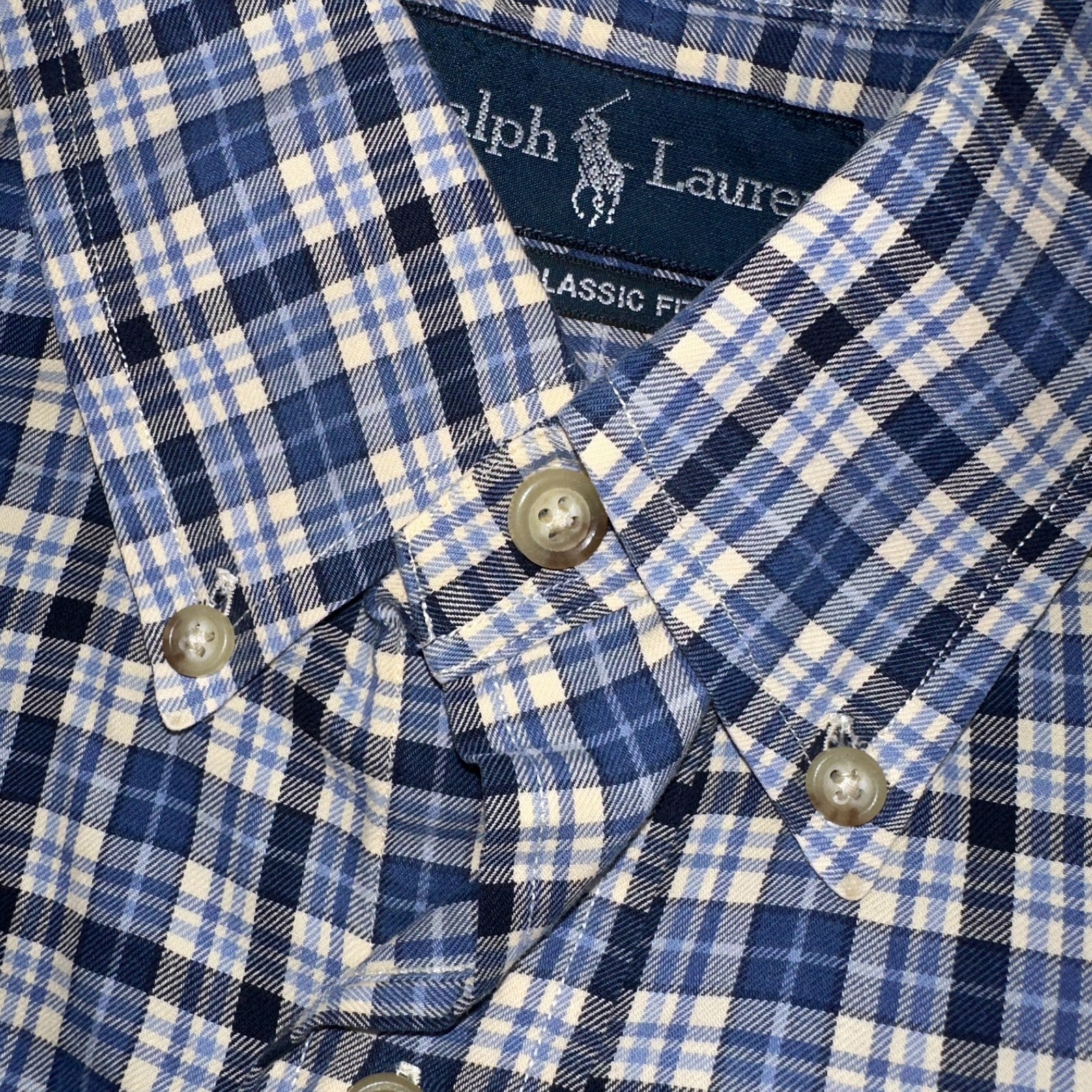 Ralph Lauren Button Up Shirt Men’s M Blue White Checker Plaid Long Sleeves