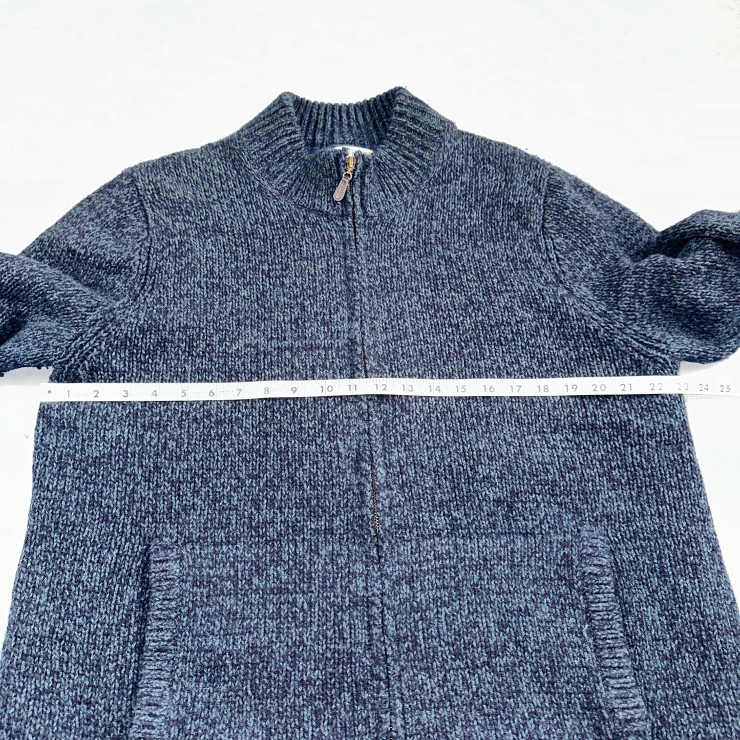 LL Bean Lambs Wool Blue Sweater Full Zip Flannel Plaid Lined Mens L Vintage