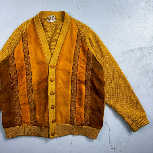 Vintage 60s Grant Crest Wool Cardigan Sweater M Yellow Mustard Suede Rockabilly