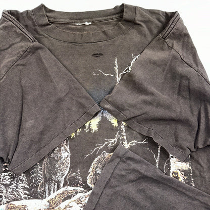 Vintage Wolf Pack Wolves Nature Animals Art Graphic Thrashed T-Shirt Black 90s