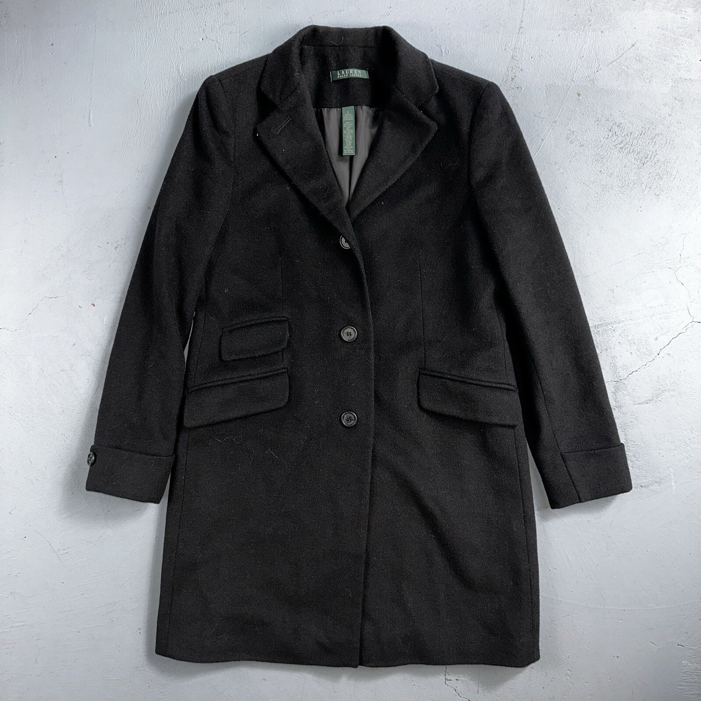 Lauren Ralph Lauren Womens Black Herringbone Wool Blended Overcoat 6 Lined