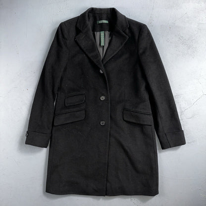 Lauren Ralph Lauren Womens Black Herringbone Wool Blended Overcoat 6 Lined