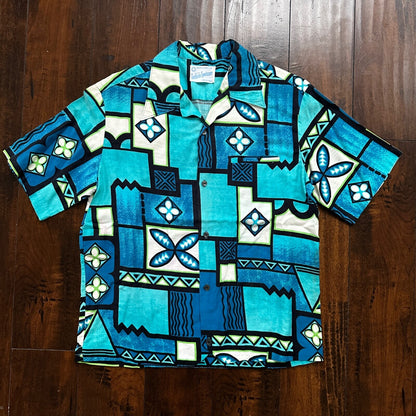 1960s Hawaiian Button Down Shirt Vintage Rockabilly 50s 60s Crop Fit Beach Blue