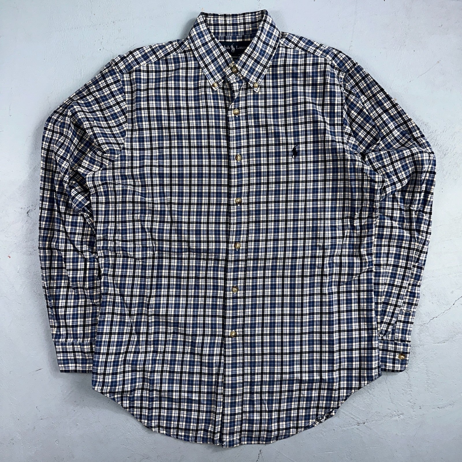 Ralph Lauren Button Up Shirt Men’s M Blue White Checker Plaid Long Sleeves