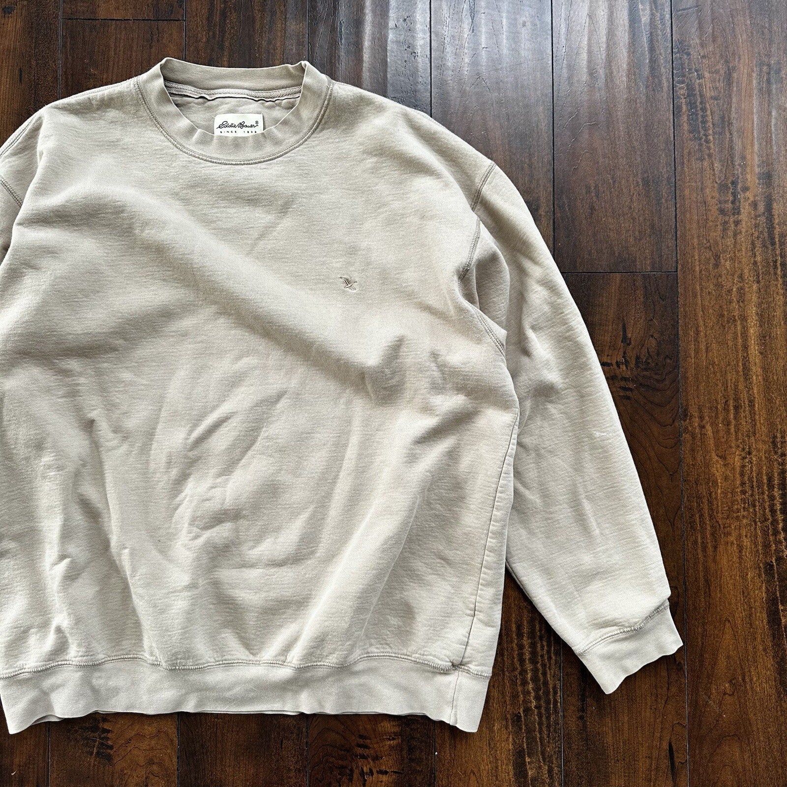 Vintage 1990s 90s Eddie Bauer Oversized Baggy Crew Sweater Beige Made in USA XL