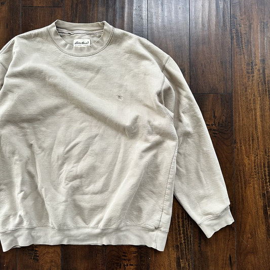 Vintage 1990s 90s Eddie Bauer Oversized Baggy Crew Sweater Beige Made in USA XL