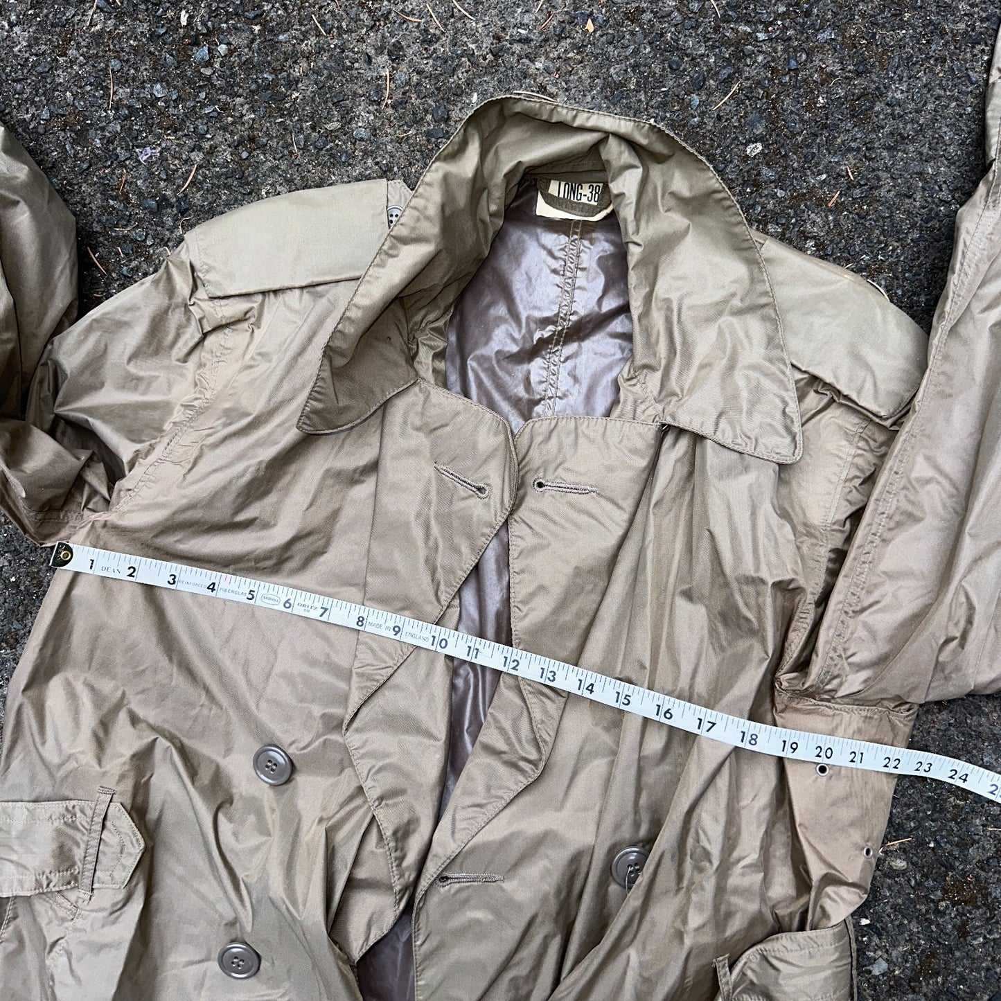 VTG 1958 US Army Mans Raincoat Nylon Taupe Shade 179 Military Uniform Mens 38L