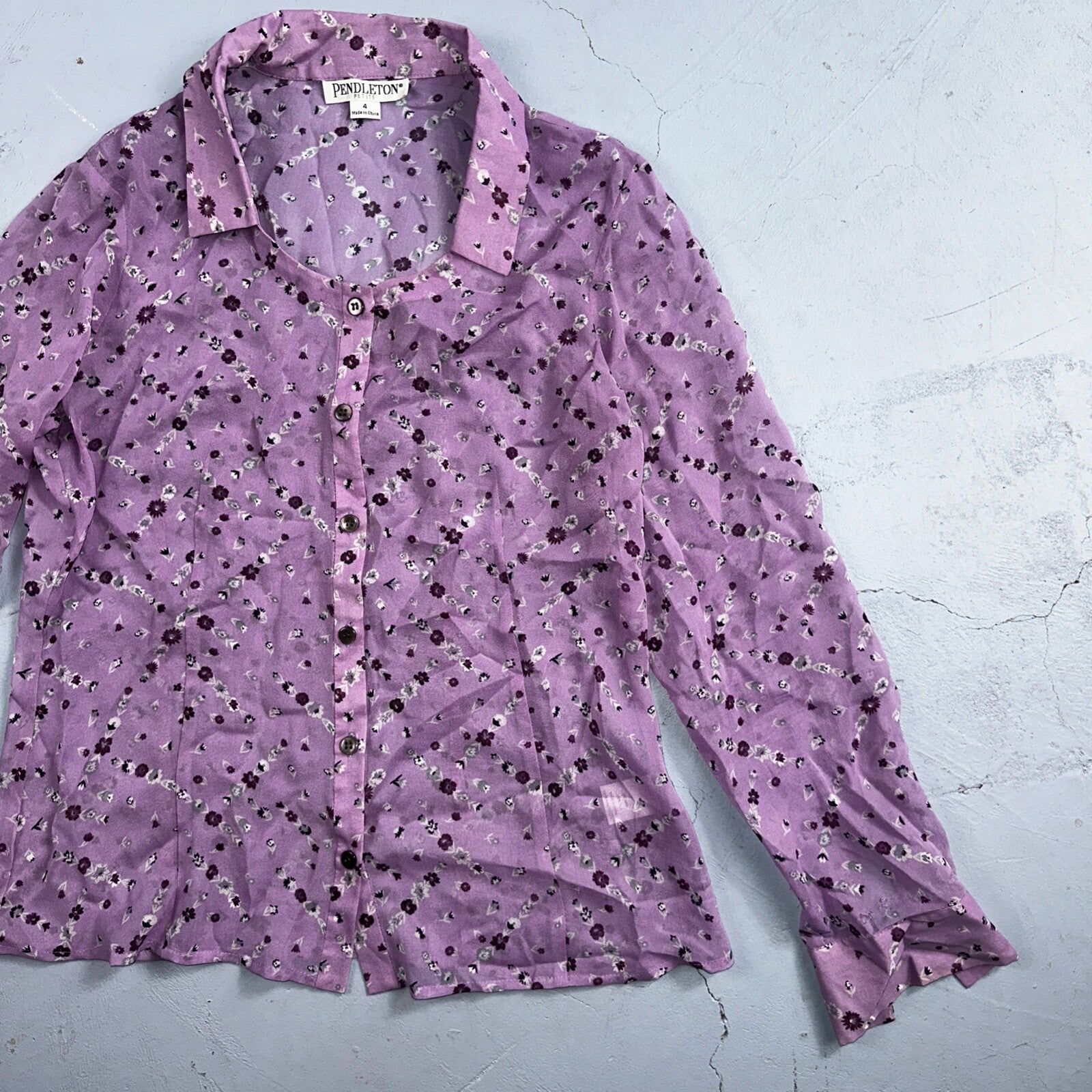 Pendelton 100% Silk Purple Collared Button Down Long Sleeve SZ 4 Petite Flowers