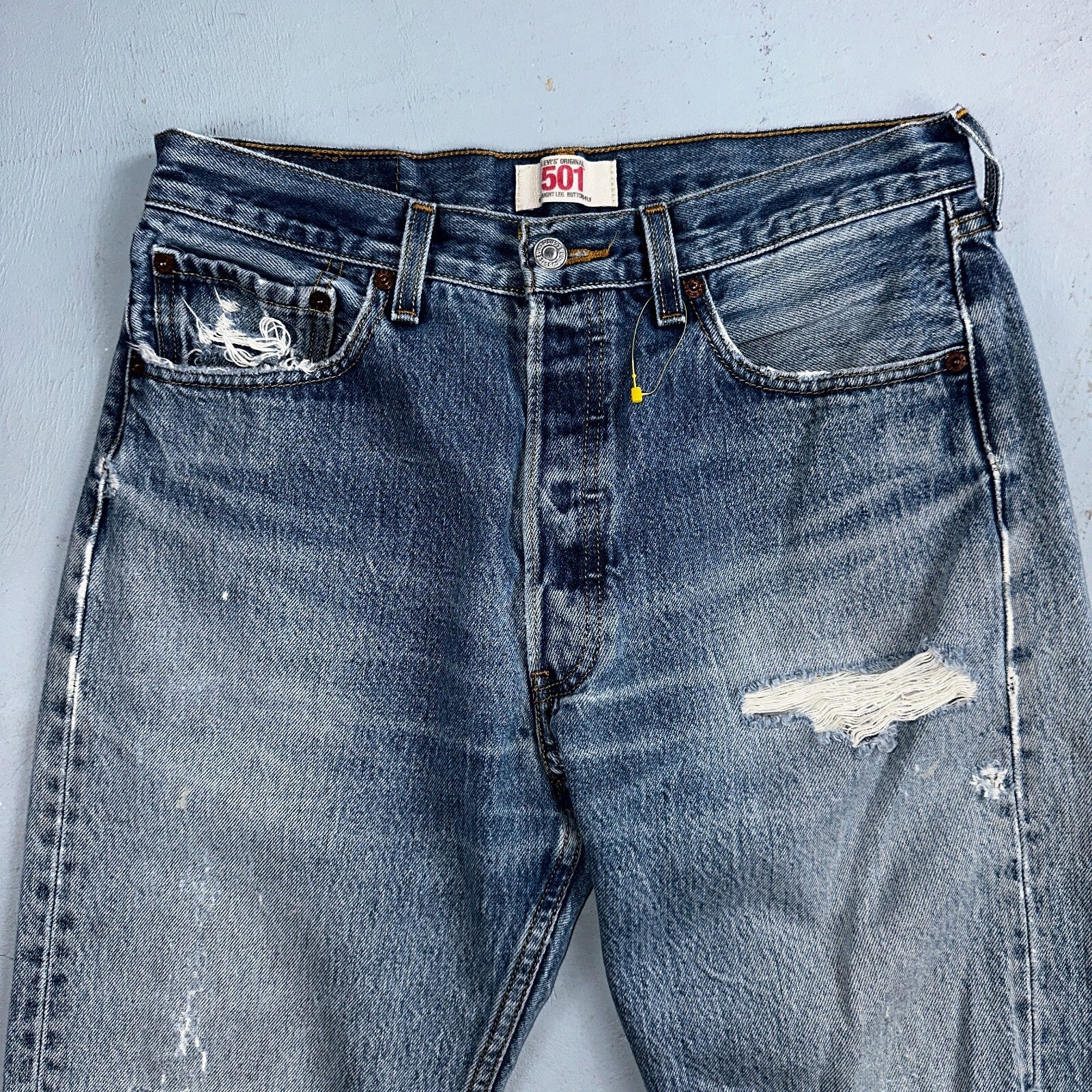 Levis 501 Vintage Y2K XX Straight Leg Jeans Rips Blue Med Wash 33x36 Act 31x31