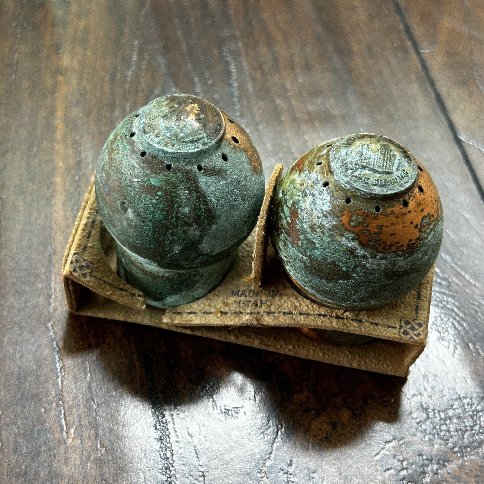 VTG Solid Copper Salt And Pepper Shaker Set Salt Lake City Utah Coins RARE