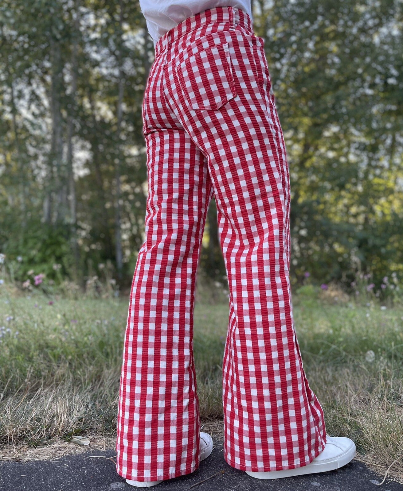 Vintage Levis 60s Big E Flare Red Pants Denim Jeans Boot Cut 517 Checkerboard