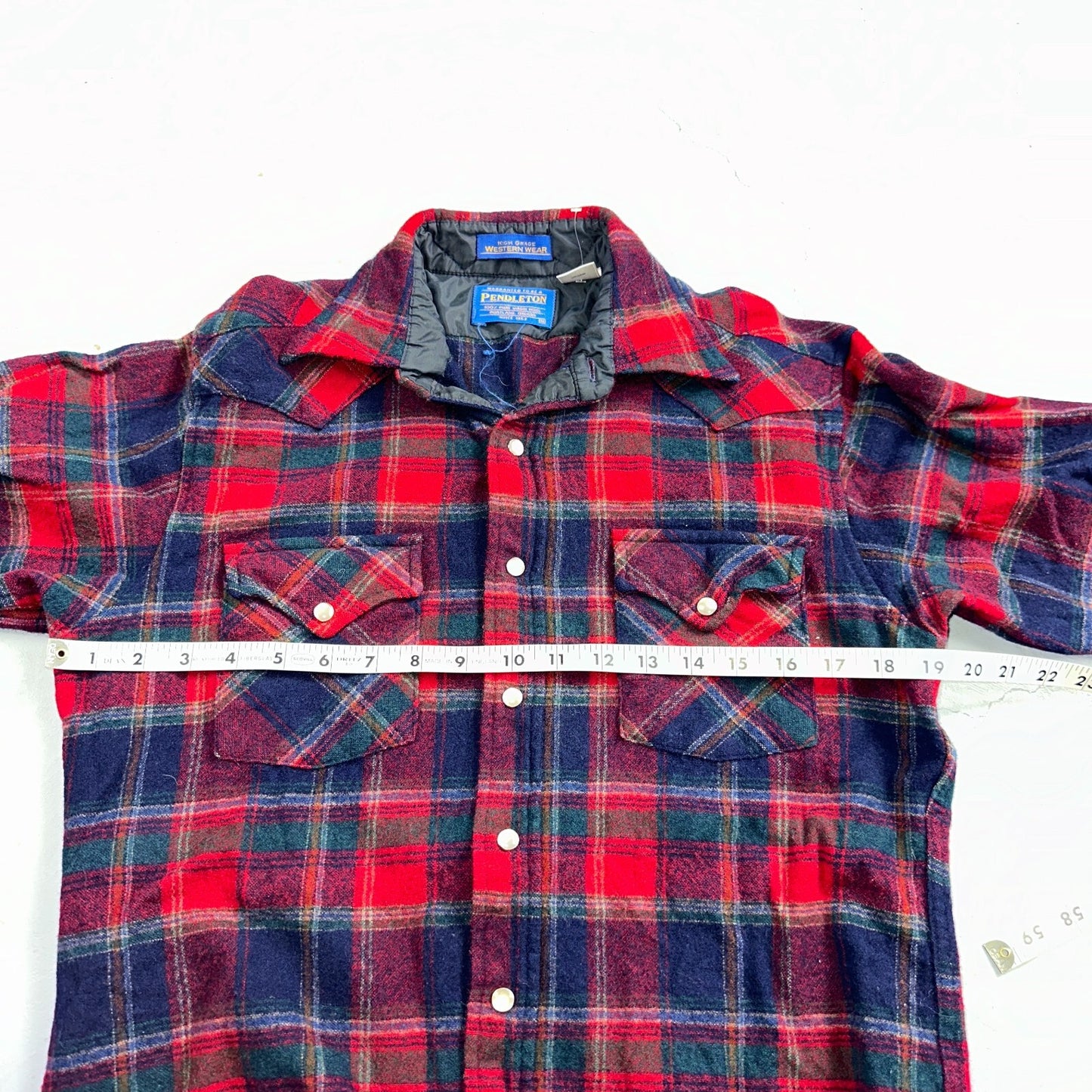 Pendleton VTG 100% Virgin Wool Western Plaid Shirt Pearl Snap Red High Grade