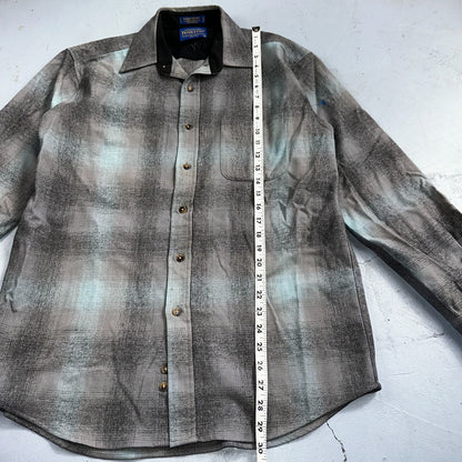 Pendleton Lodge Button Up Shirt Men's Medium Wool Plaid Gray Teal Pocket