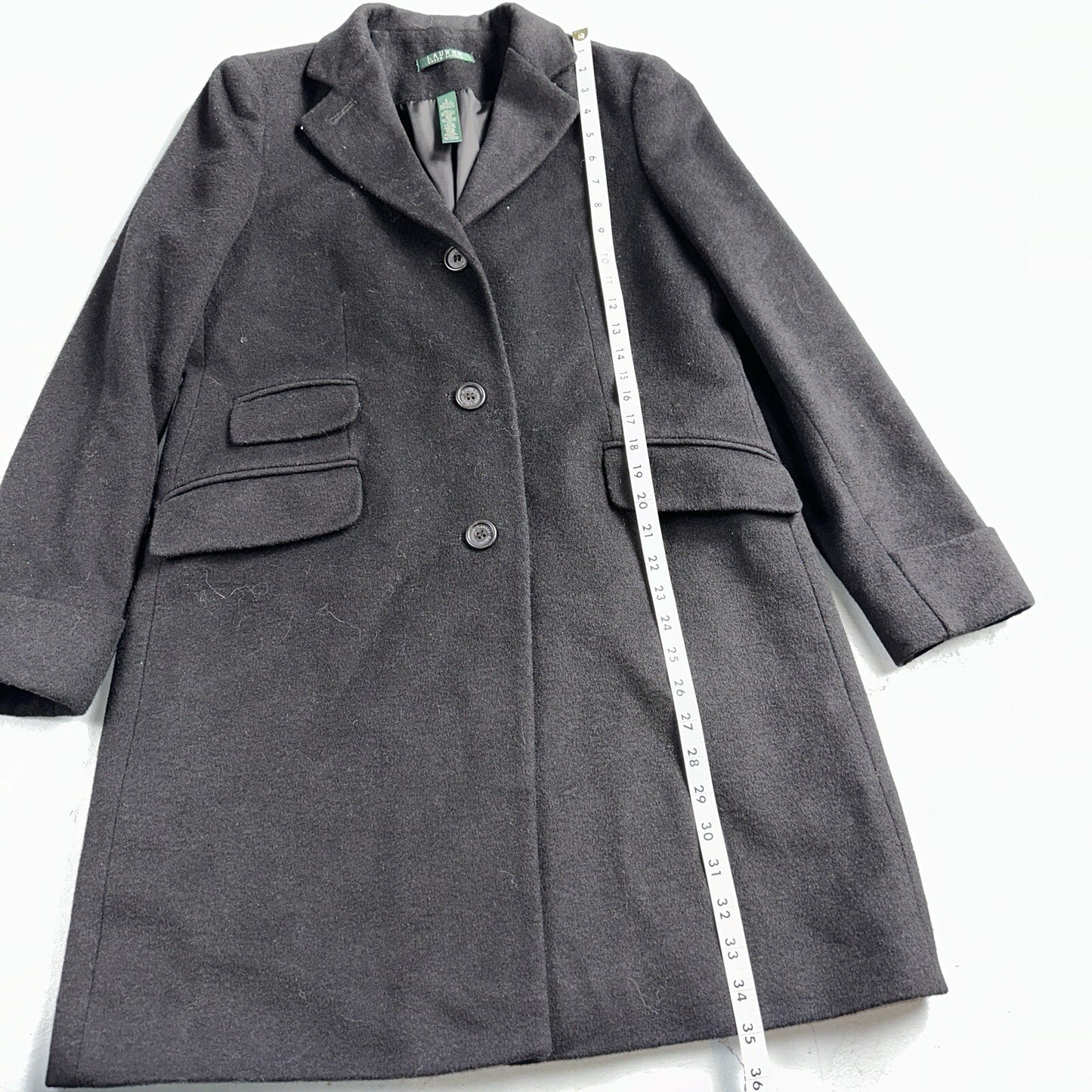 Lauren Ralph Lauren Womens Black Herringbone Wool Blended Overcoat 6 Lined