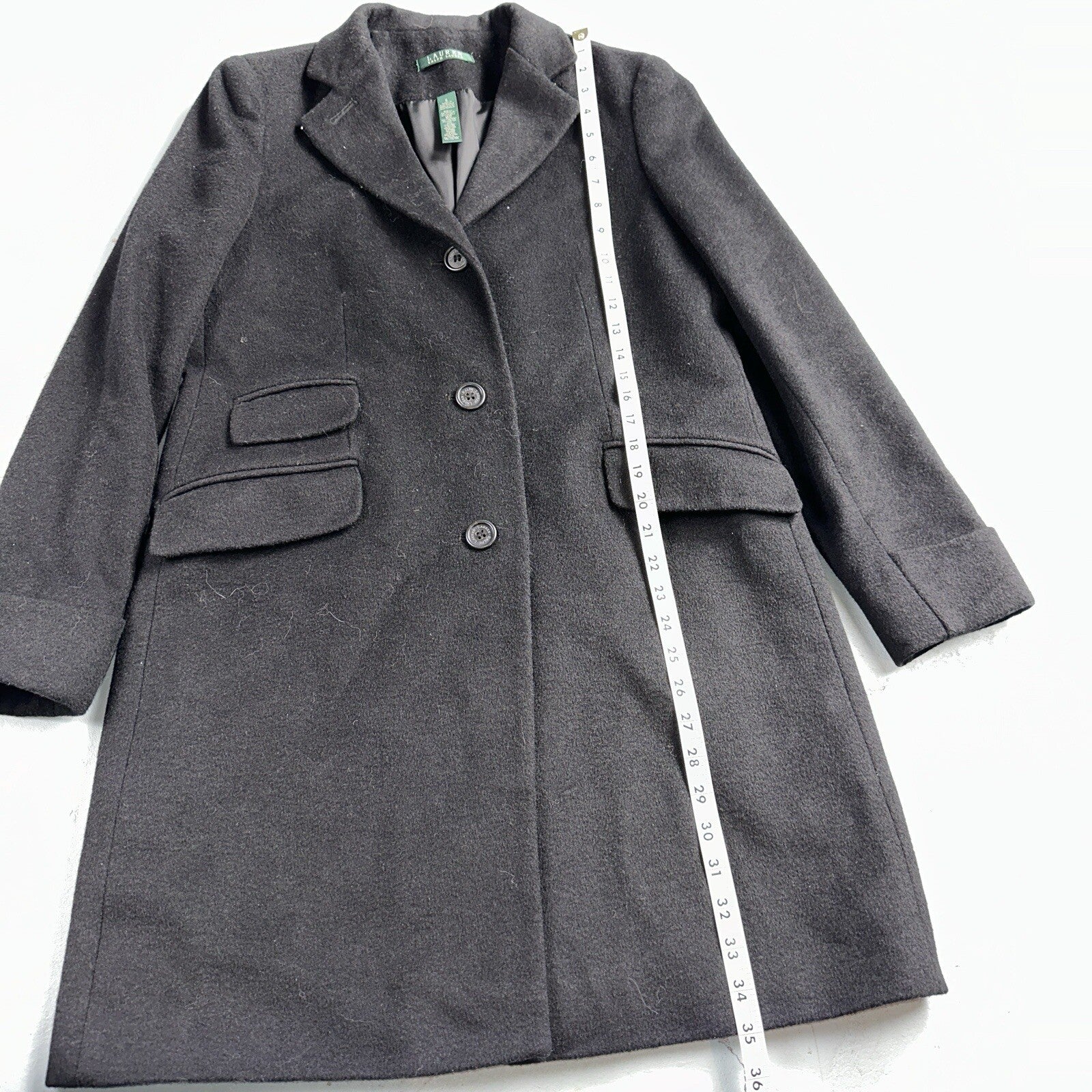 Lauren Ralph Lauren Womens Black Herringbone Wool Blended Overcoat 6 Lined