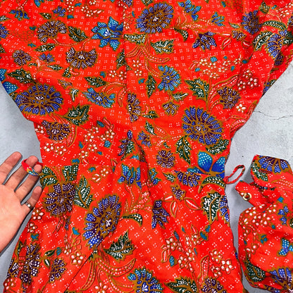 Vintage Denise Maxi Dress Red Floral Batik Boho 70s Style Hermosa Beach CA Rare