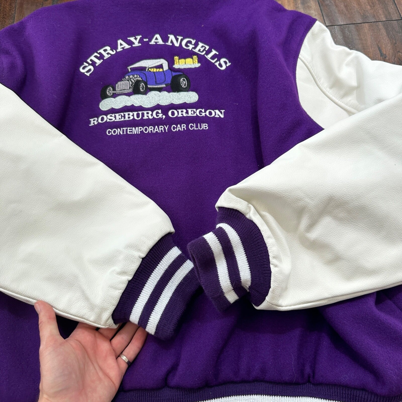 VTG Stray Angels Varsity Leather Letterman 70s Jacket XL Portland Cars Racing