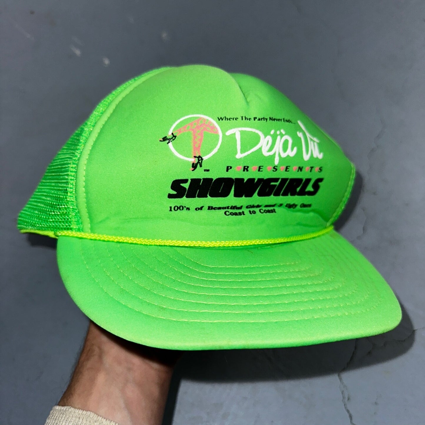 Deja Vu Hat VTG Snapback Trucker Cap Men Neon Green Showgirls 90s RARE