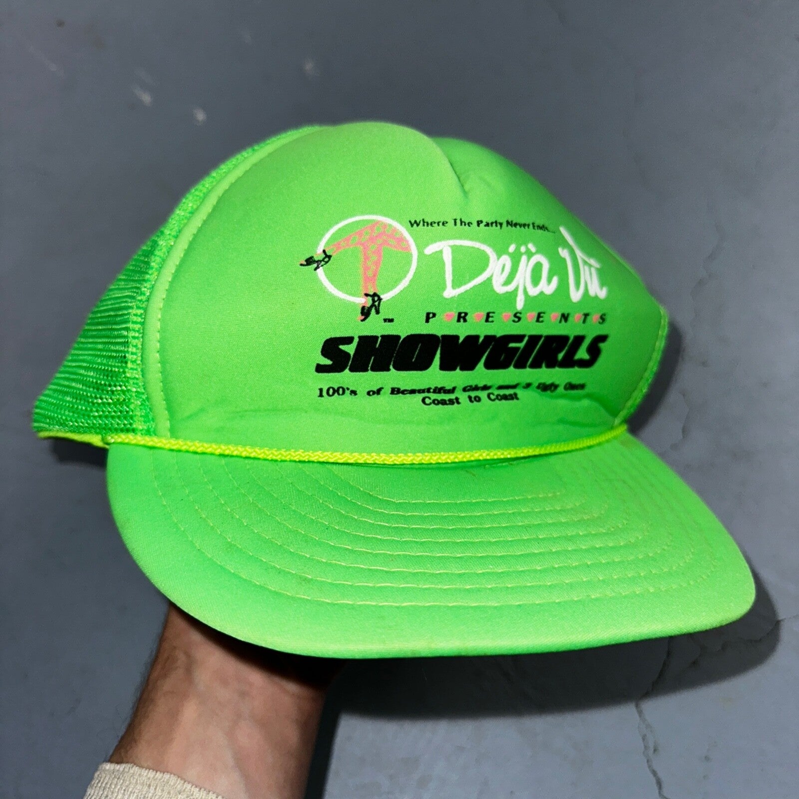 Deja Vu Hat VTG Snapback Trucker Cap Men Neon Green Showgirls 90s RARE
