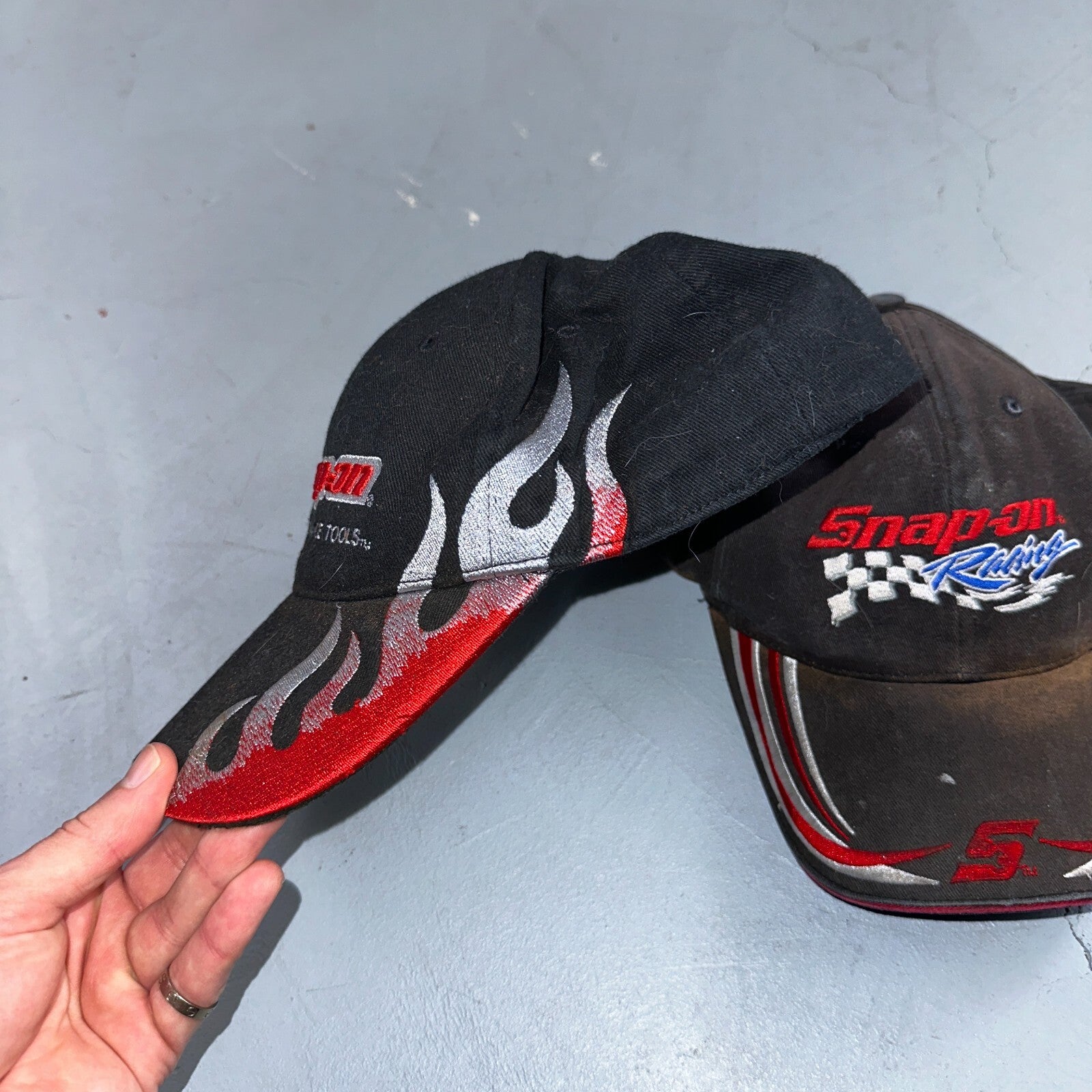 Snap On Racing Lot of 2 VTG Hat Cap Snapback Black Flames Y2K Dirty Cool Cars