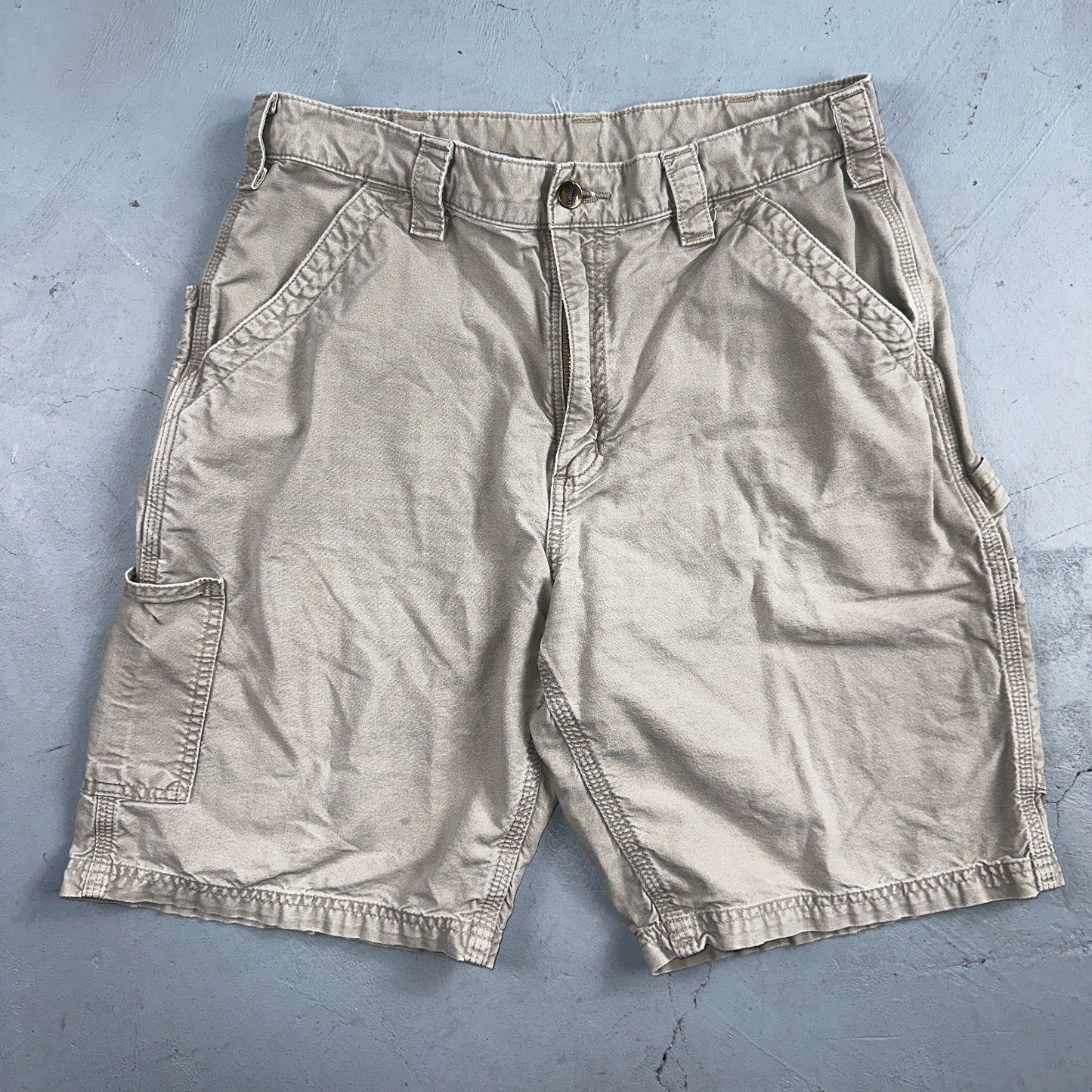 Carhartt B147 Shorts Mens 34 Tan Canvas Carpenter Cargo Work Worn Tan khaki