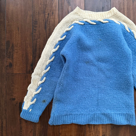 Vintage Handmade Wool Knit Sweater S Blue Pattern 1940s 1950s Rare 40s 50s WWII