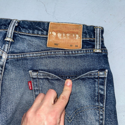 Levis 502 Y2K XX Slim Fit Jeans Blue Med Wash Whiskers 33x34 Vintage Style Worn