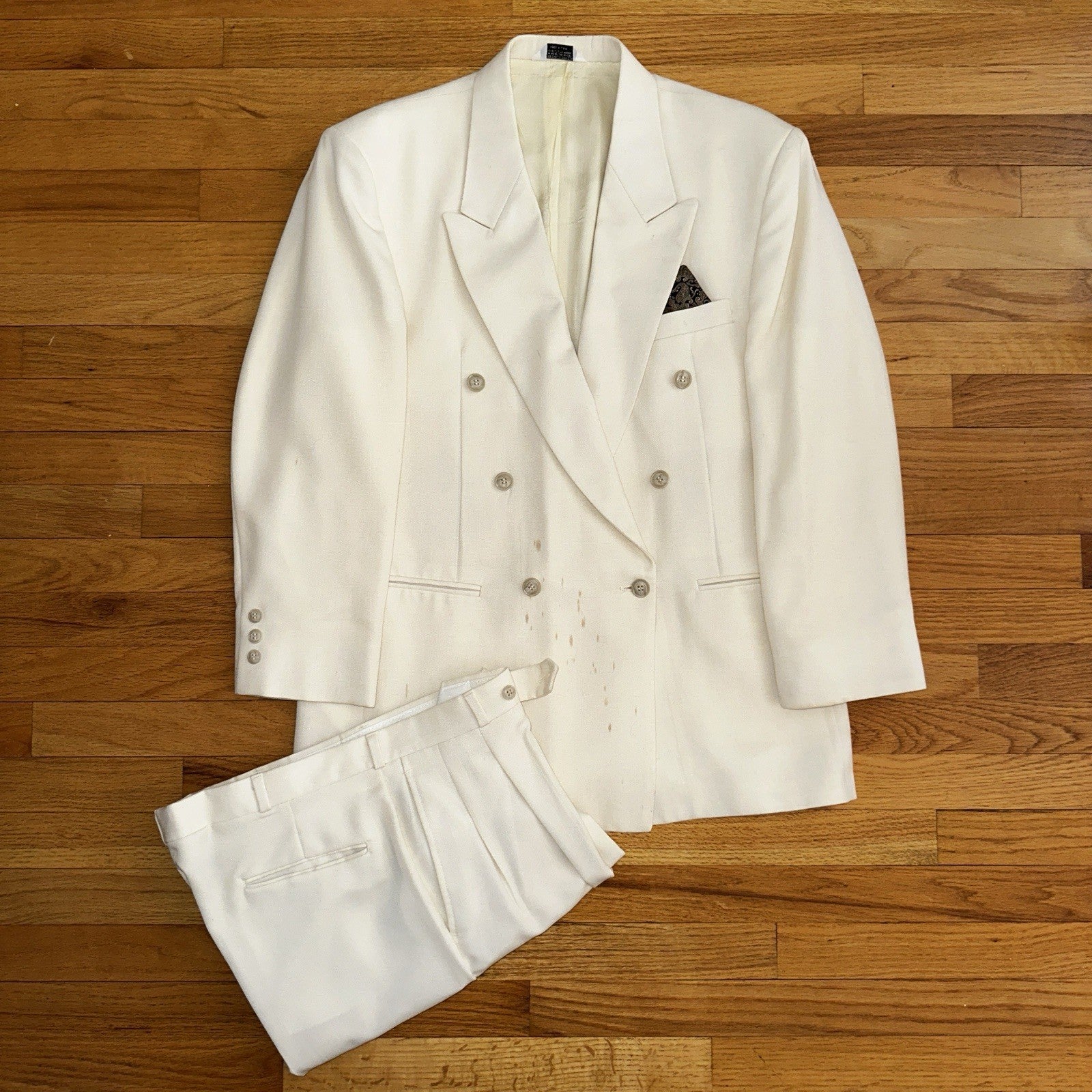 Cellini White 2 Piece Suit Mens 42R 33x26 Solid Double Breasted USA 1980s 80s
