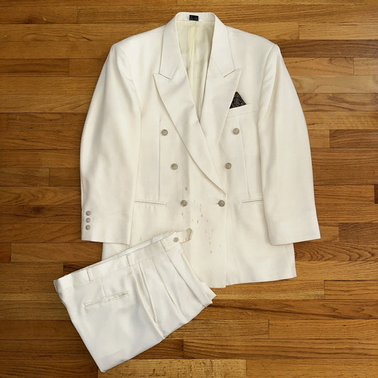 Cellini White 2 Piece Suit Mens 42R 33x26 Solid Double Breasted USA 1980s 80s