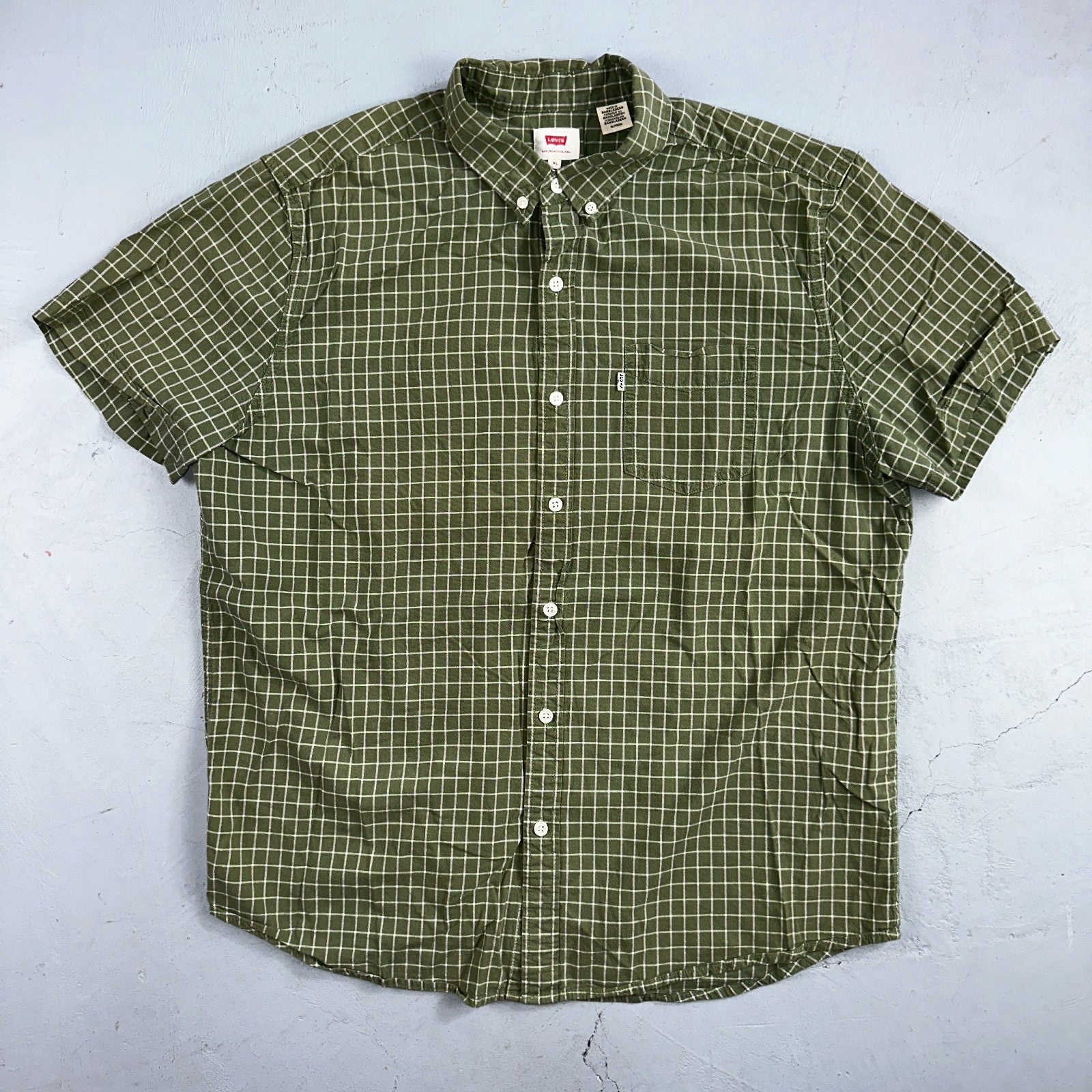 Levis White Tab Mens Button Up Shirt Short Sleeve Green Yellow Plaid Checker XL