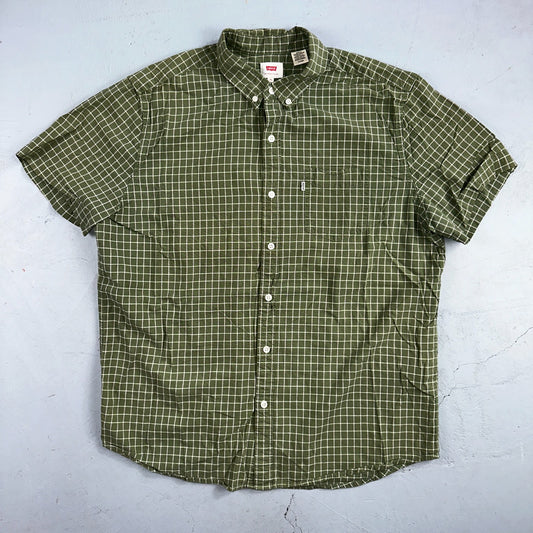 Levis White Tab Mens Button Up Shirt Short Sleeve Green Yellow Plaid Checker XL