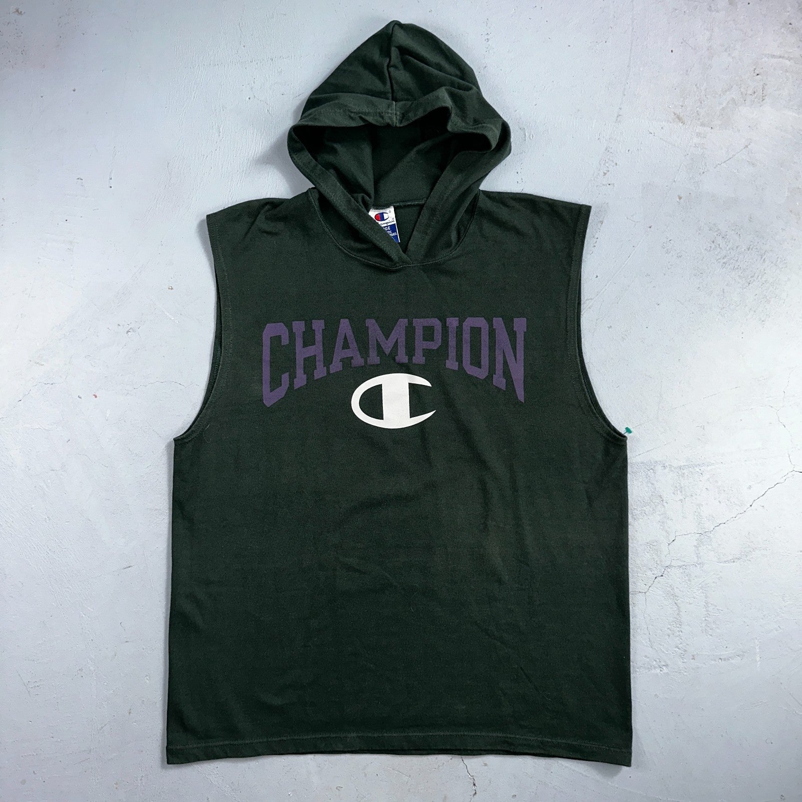 Vintage Champion Shirt Mens L Green Hoodie Sleeveless Workout Gym Boxing USA