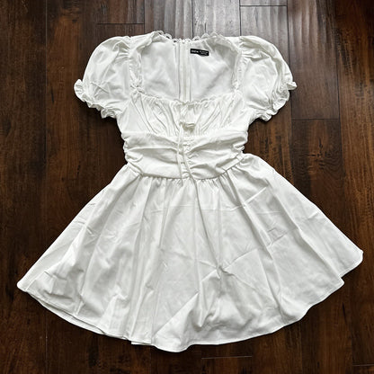 SHEIN MOD Ruched Bust Shirred Back Puff Sleeve Front Dress White Sexy Summer