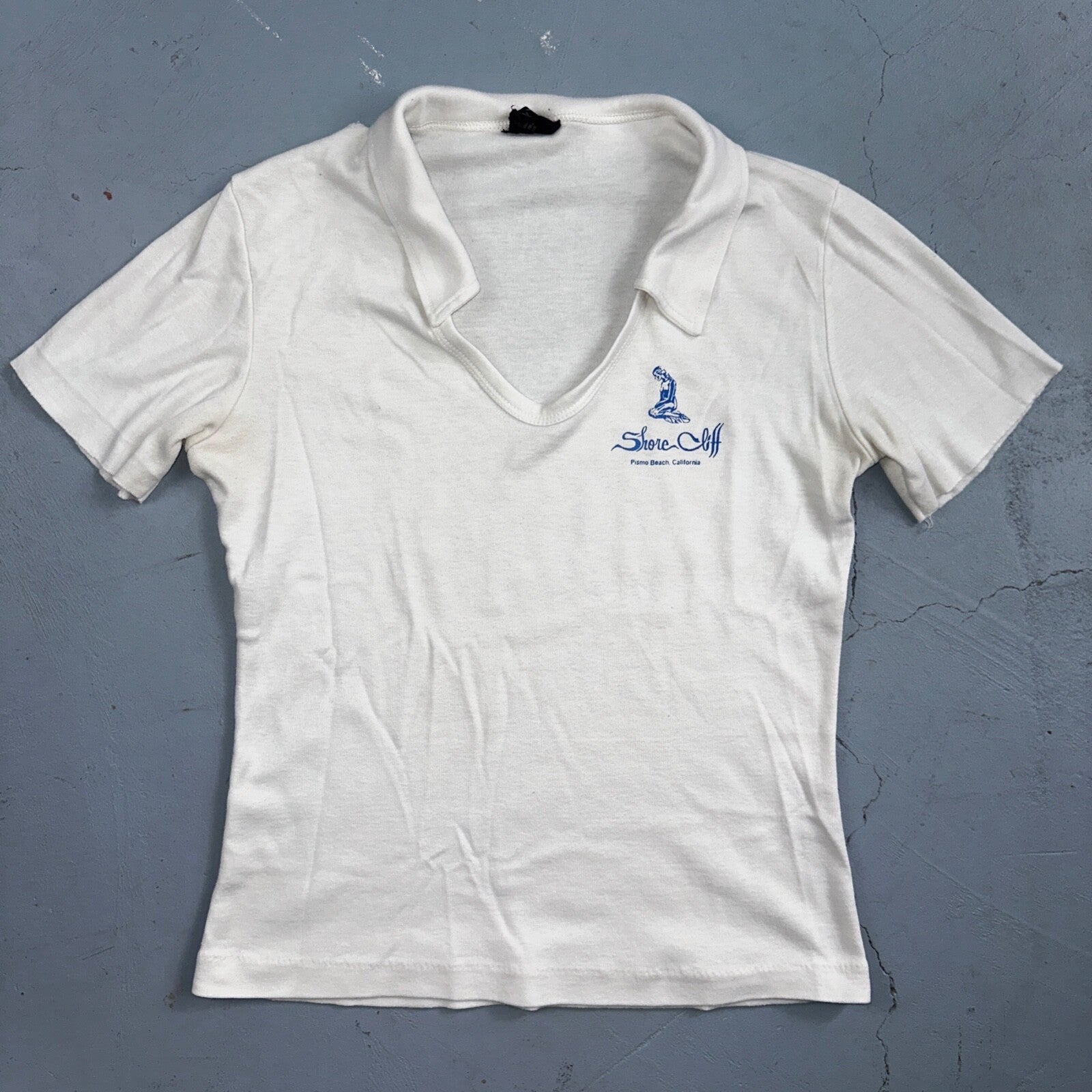 Shore Cliff Pismo Beach California VTG T Shirt 70s USA Womens Basic Polo White