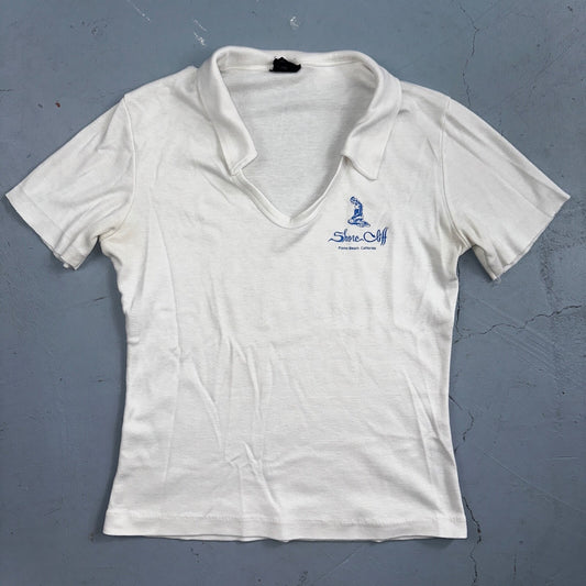 Shore Cliff Pismo Beach California VTG T Shirt 70s USA Womens Basic Polo White