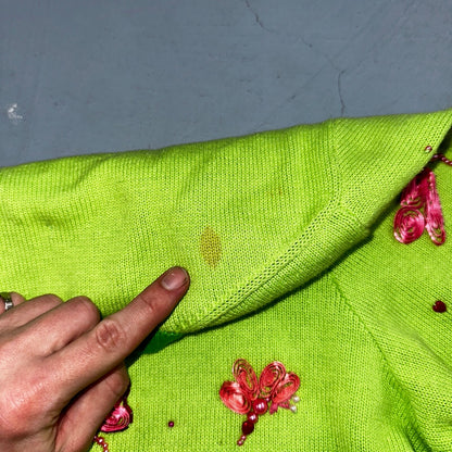 Michael Simon VTG 2000 Dragonfly Hearts Cardigan Sweater Green Valentines Day