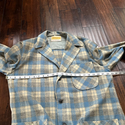 VTG 50s Penney's Chore Coat Shadow Plaid Rockabilly Wool Flannel Shirt 1950s
