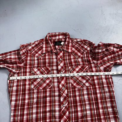 Sears VTG Western Wear L Plaid Ranch Rodeo Shirt Jacket Pearl Snap Red 16