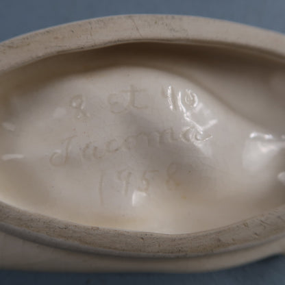 VTG 1958 Signed Glass Ring Jewelry Dish White Milk Glass Open Hand Flower Jacoma