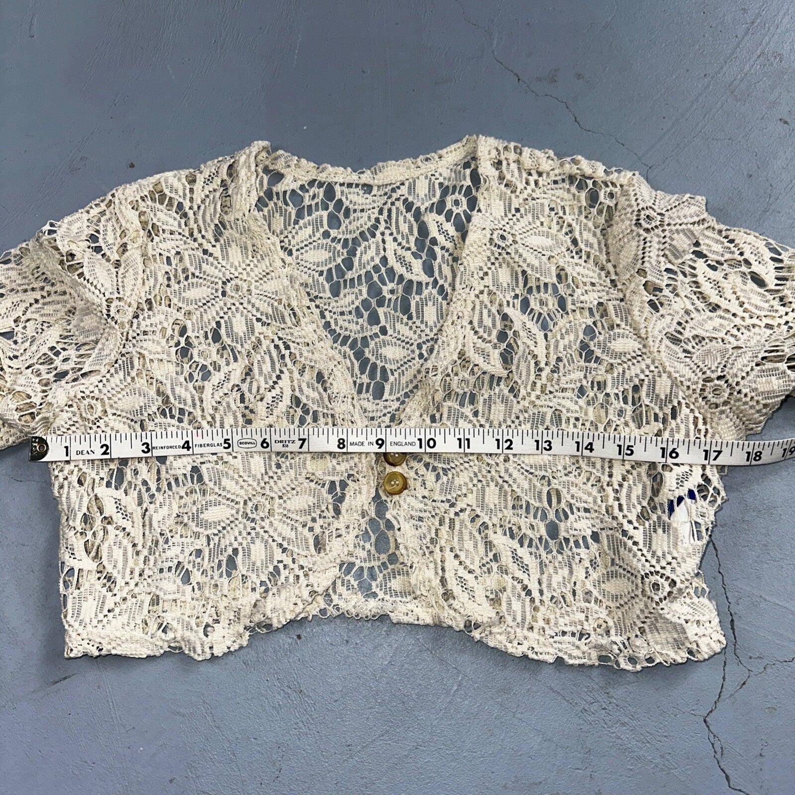 Womens Beige Open Knit Cardigan Sweater Jumper Pullover Size S Lace Crop Top 80s