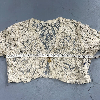 Womens Beige Open Knit Cardigan Sweater Jumper Pullover Size S Lace Crop Top 80s