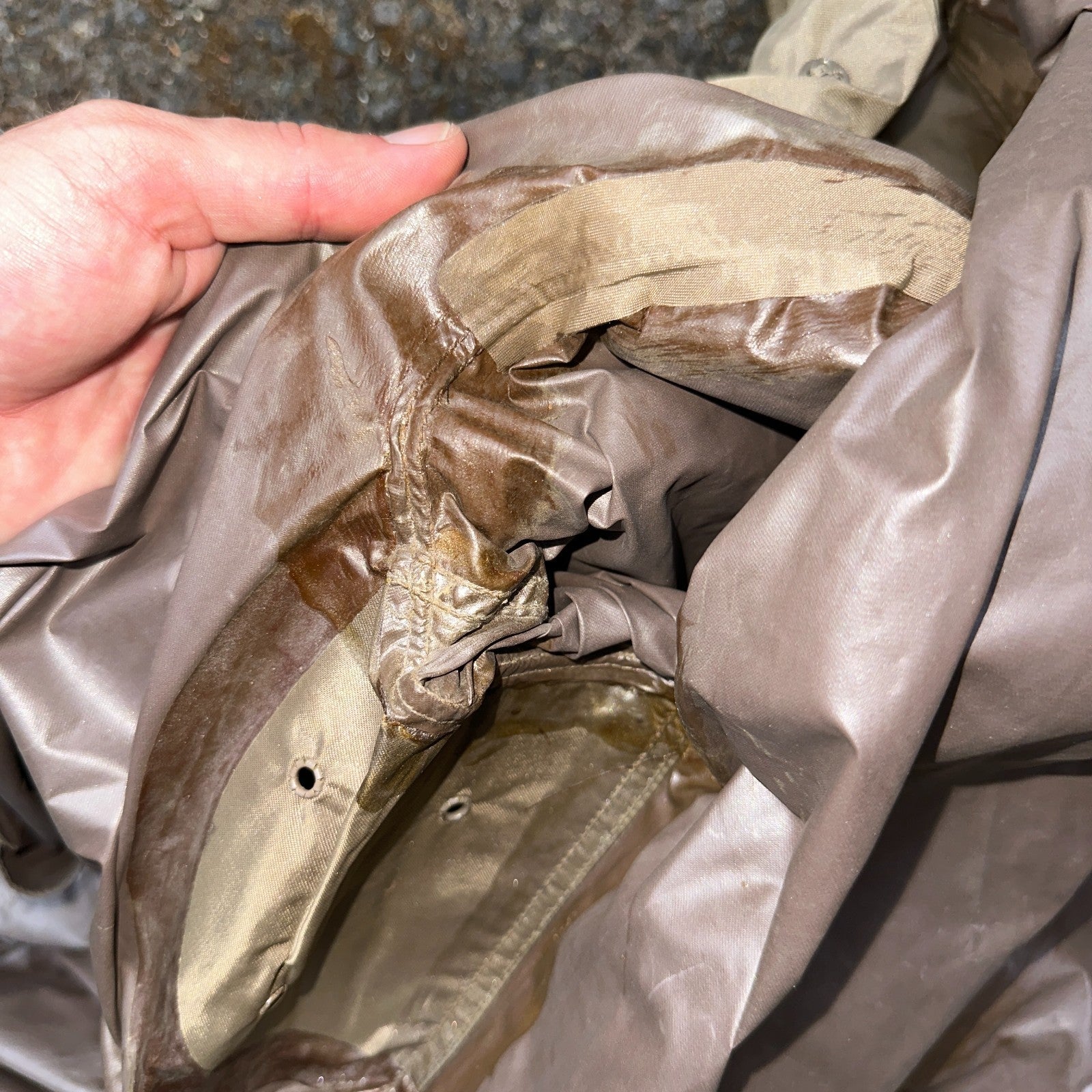 VTG 1958 US Army Mans Raincoat Nylon Taupe Shade 179 Military Uniform Mens 38L