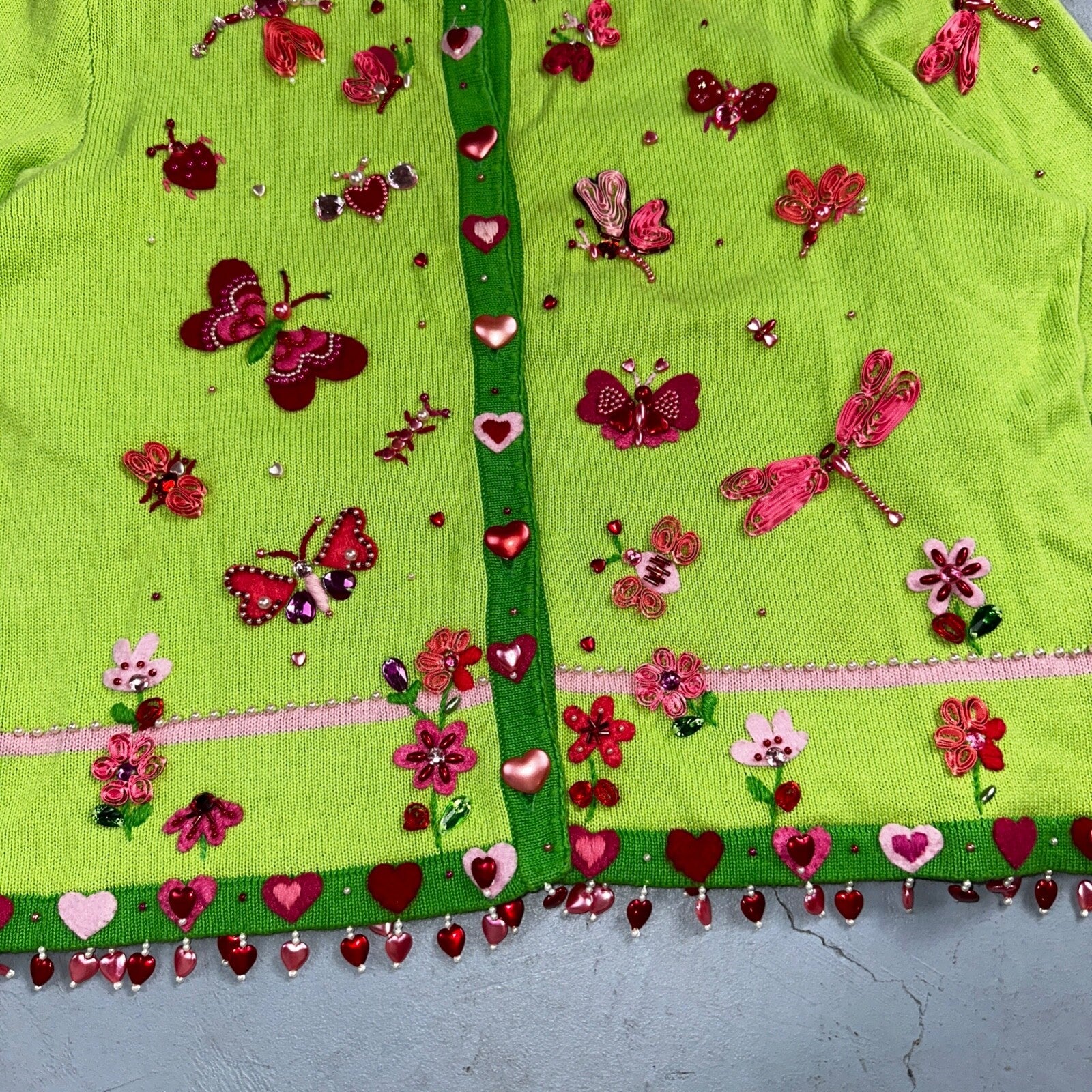 Michael Simon VTG 2000 Dragonfly Hearts Cardigan Sweater Green Valentines Day