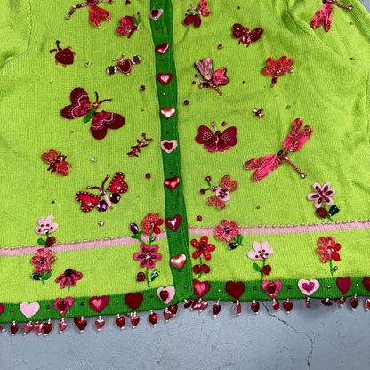 Michael Simon VTG 2000 Dragonfly Hearts Cardigan Sweater Green Valentines Day