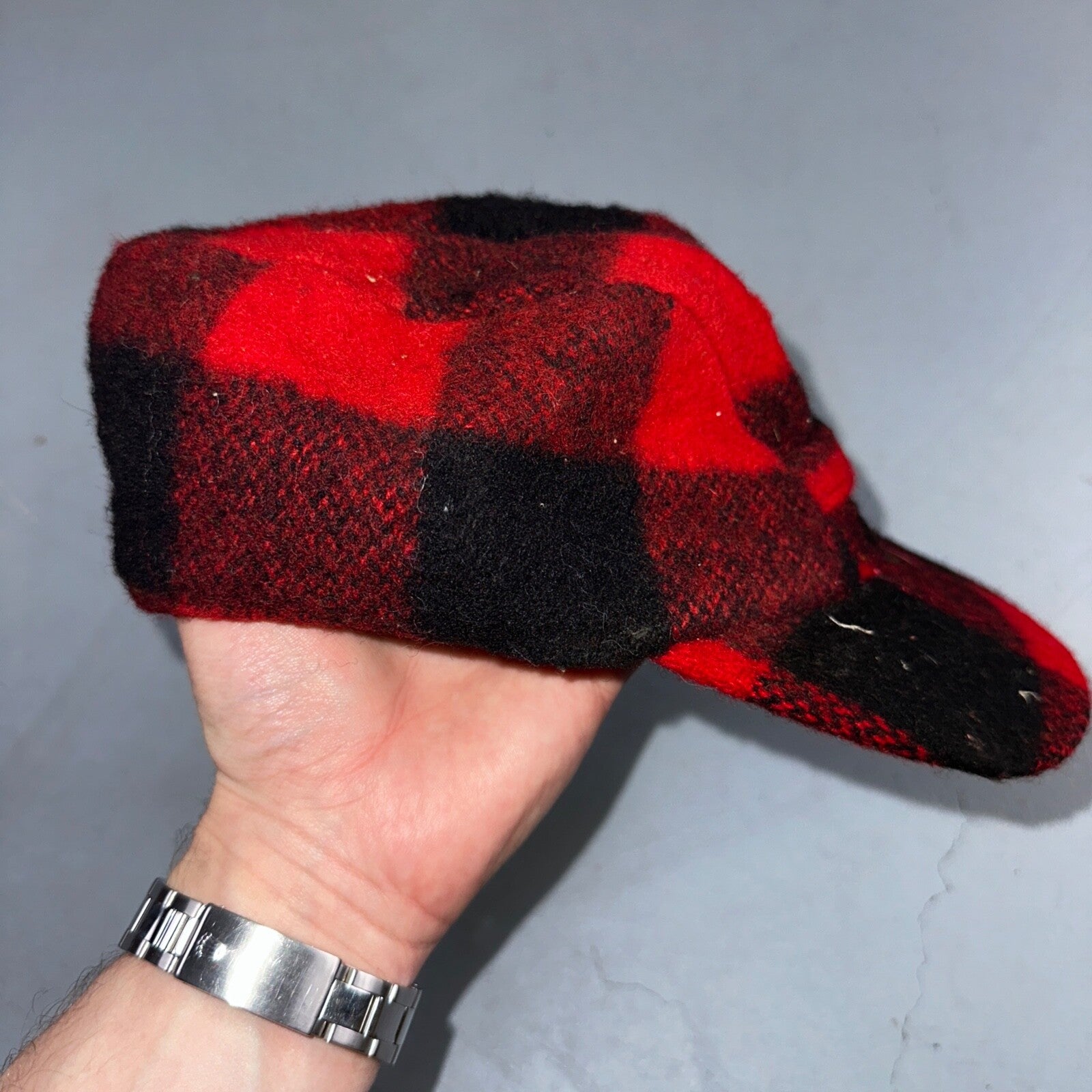 Vintage 1970s Woolrich Buffalo Plaid Red Black Hat with Ear Flaps USA 70s Warm
