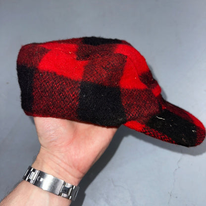 Vintage 1970s Woolrich Buffalo Plaid Red Black Hat with Ear Flaps USA 70s Warm