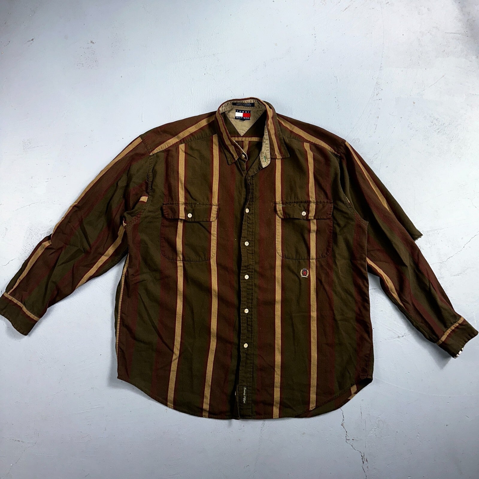 Tommy Hilfiger Mens Striped Shirt Vintage 90s Crest & Long Sleeves XL Has Holes