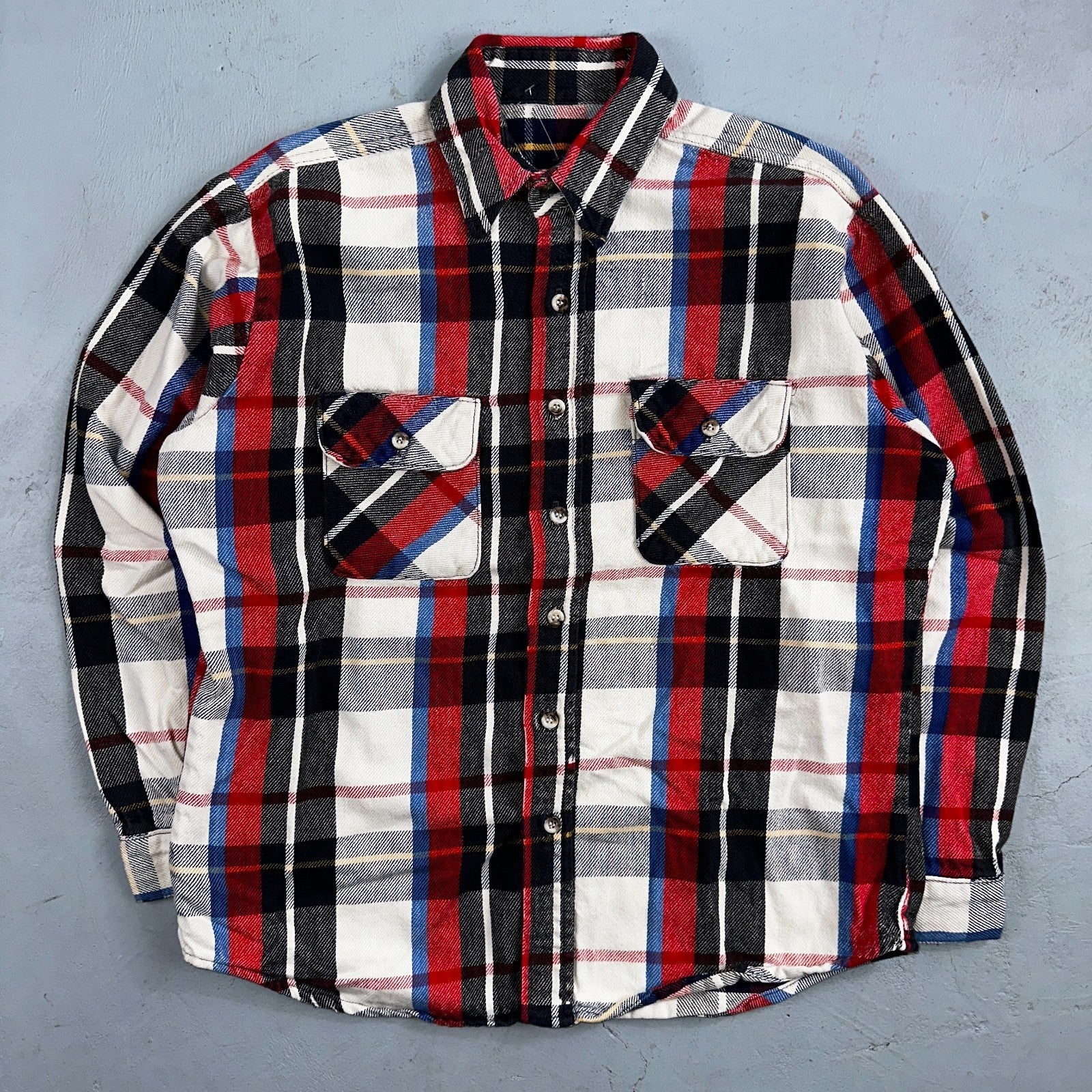 Vintage Five Brother Shirt Mens L Plaid Flannel Made in Black Red 1970s 70s