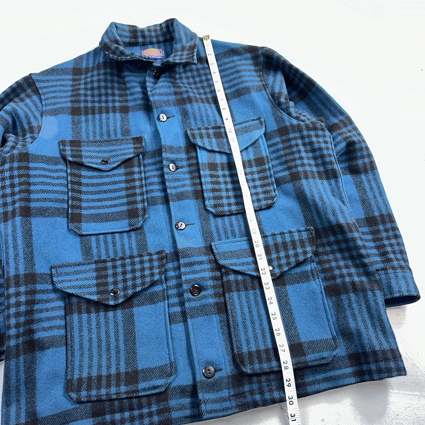 Pendleton Wool Coat Mackinaw VTG Hunting Jacket Blue Plaid Mens Large USA 80s