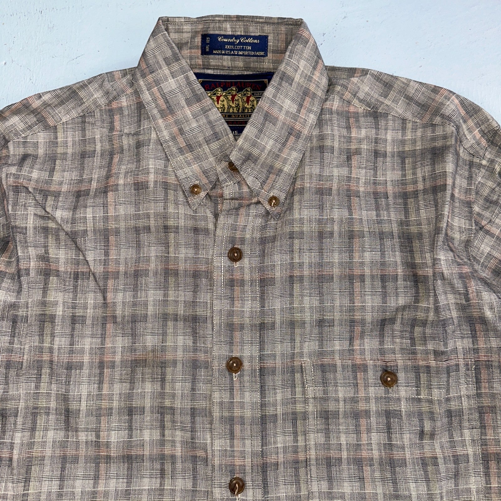Vintage 90s Ralph Lauren Chaps 15 Plaid Shirt Grey Country Cottons Classic